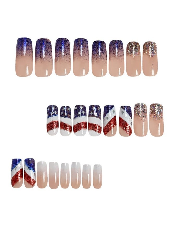 OSTTMA 4th of July Press on Nails Short Square Fake Nails Blue Glitter Patriotic Nail Tips USA Flag White Gradient Glue on Nails Reusable Acrylic False Nails for Women Independence Day Manicure Art - Image 3